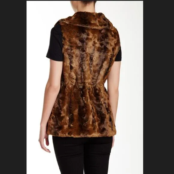Ellen Tracy NEW VEST Crushed Faux Fur Women's L Drawstring Waist BROWN BLACK NWT - Picture 5 of 16